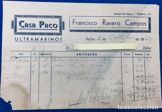 Cartas comerciales: Carta comercial Casa Paco Ultramarinos. Francisco Rasero Campos. Zafra ( Badajoz ) 1942