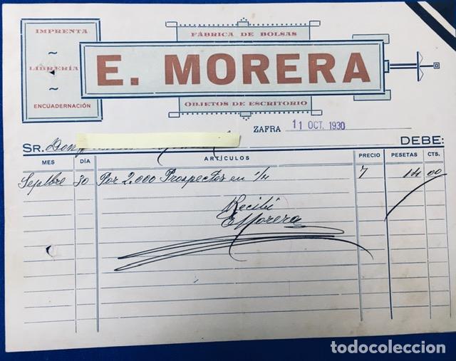 Cartas comerciales: Carta comercial E. Morera F&aacute;brica Bolsas y Objetos Escritorio. Zafra ( Badajoz ) 1930