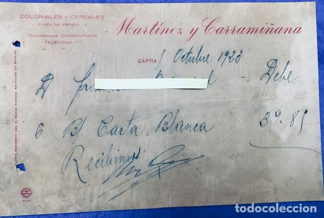 Cartas comerciales: Carta comercial Mart&iacute;nez y Carrami&ntilde;ana. Coloniales y Cereales. Zafra ( Badajoz ) 1923