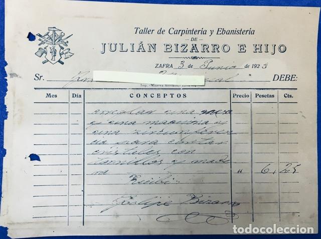 Cartas comerciales: Carta comercial Taller Carpinter&iacute;a J. Bizarro. Zafra ( Badajoz ) 1923