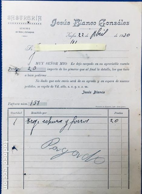 Cartas comerciales: Carta comercial Sastrer&iacute;a Jes&uacute;s Blanco Gonz&aacute;lez. Zafra ( Badajoz ) 1930