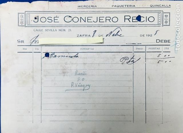 Cartas comerciales: Carta comercial Mercer&iacute;a J. Conejero Recio. Zafra ( Badajoz ) A&ntilde;os 20