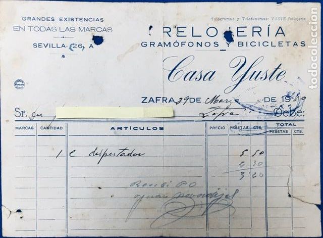 Cartas comerciales: Carta comercial Relojer&iacute;a Casa Yuste. Zafra ( Badajoz ) 1930