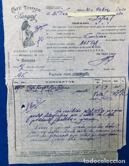 Cartas comerciales: Carta comercial Pedro L&oacute;pez Caf&eacute; Tostado Sangay. Badajoz 1930