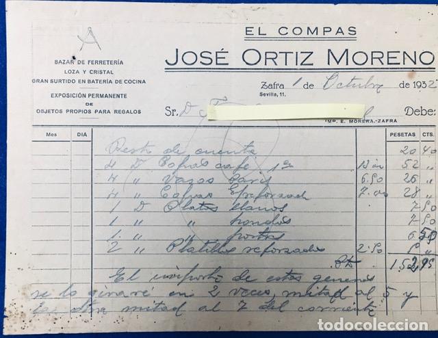 Cartas comerciales: Carta comercial Bazar Ferreter&iacute;a El Comp&aacute;s J. Ortiz Moreno . Zafra ( Badajoz )1932