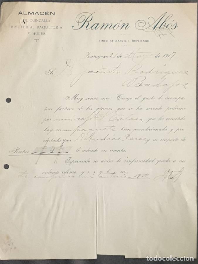 Cartas comerciales: Carta comercial. Ram&oacute;n Ab&oacute;s. Almacen de Quincalla, bisuter&iacute;a. Zaragoza. Espa&ntilde;a 1917