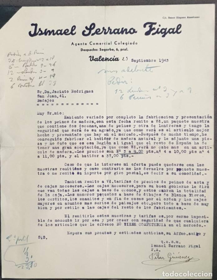 Commercial Letters: Carta comercial. Ismael Serrano Figal. Agente Comercial Colegiado. Valencia. Espa&ntilde;a 1943