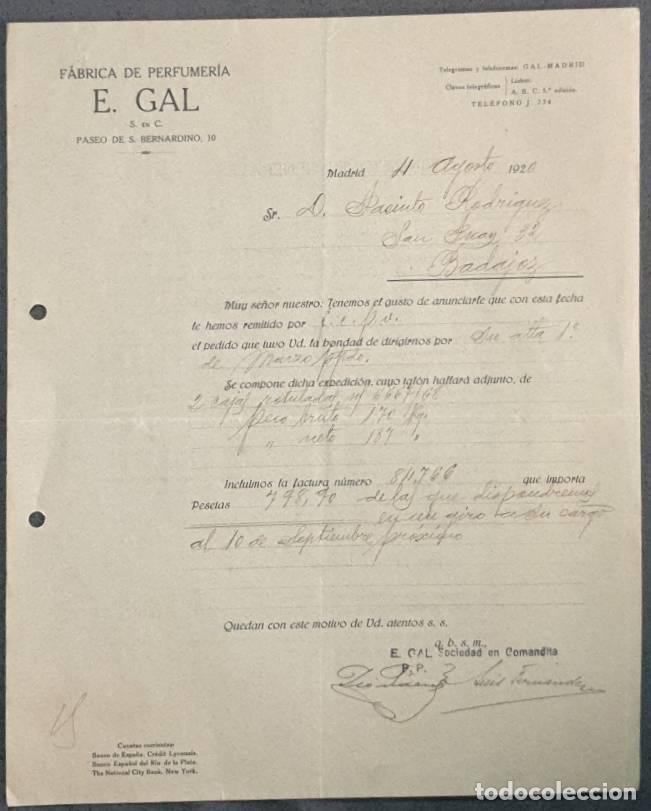 Cartas comerciales: Carta comercial. E. Gal. F&aacute;brica de Perfumer&iacute;a. Madrid. Espa&ntilde;a 1920
