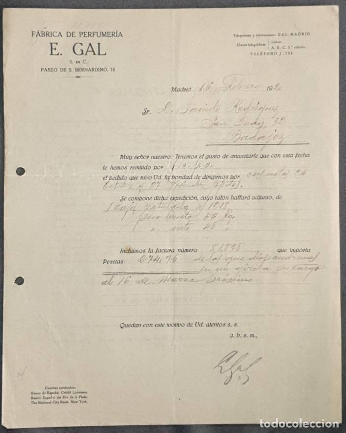 Cartas comerciales: Carta comercial. E. Gal. F&aacute;brica de Perfumer&iacute;a. Madrid. Espa&ntilde;a 1920