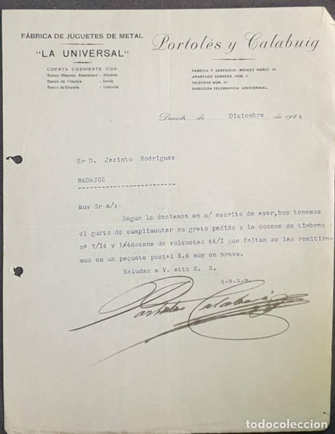 Cartas comerciales: Carta comercial. Portol&eacute;s y Calabuig. La Universal. F&aacute;brica de juguetes metal. Denia. Espa&ntilde;a 1924