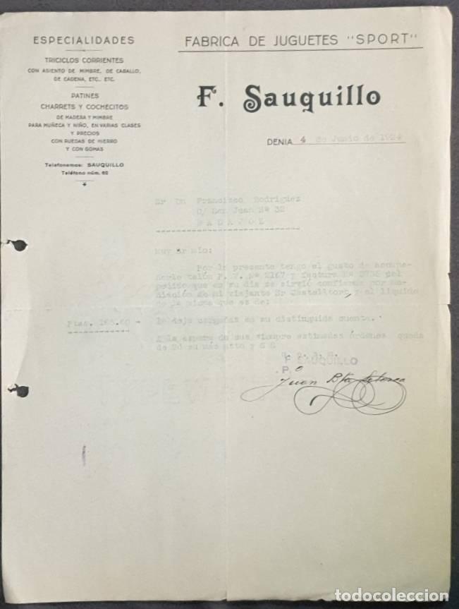 Cartas comerciales: Carta comercial. F. Sauquillo. F&aacute;brica de juguetes Sport. Denia 1924
