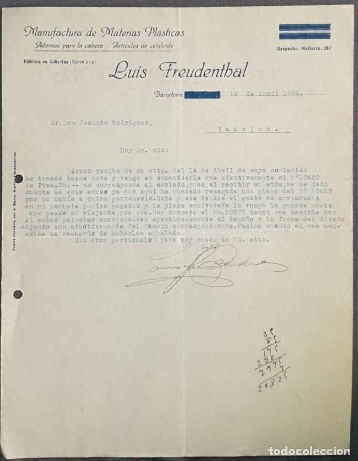 Cartas comerciales: Carta comercial. Luis Freudenthal. Manufactura de materias pl&aacute;sticas. Barcelona. Espa&ntilde;a 1924