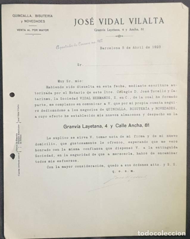Cartas comerciales: Carta comercial. Jos&eacute; Vidal Vilalta. Quincalla, bisuter&iacute;a y novedades. Barcelona. Espa&ntilde;a 1923