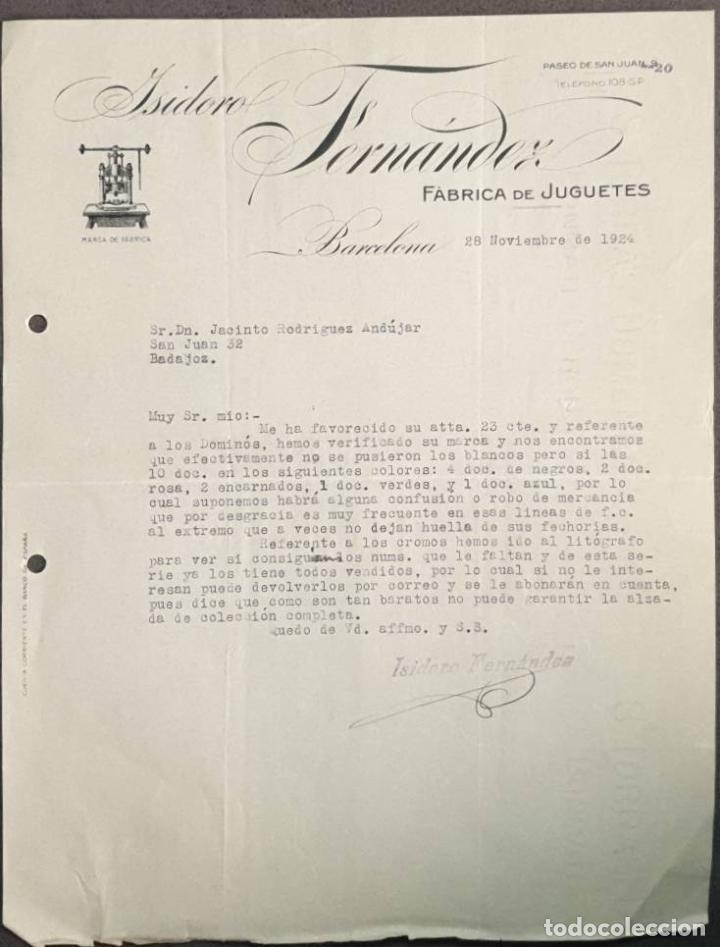 Cartas comerciales: Carta comercial. Isidoro Fern&aacute;ndez. F&aacute;brica de juguetes. Barcelona. Espa&ntilde;a 1924