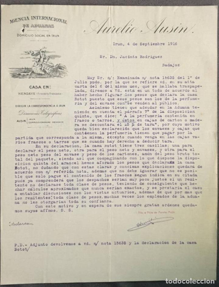Cartas comerciales: Carta comercial. Aurelio Ausin. Agencia Internacional de Aduanas. Ir&uacute;n. Espa&ntilde;a 1916