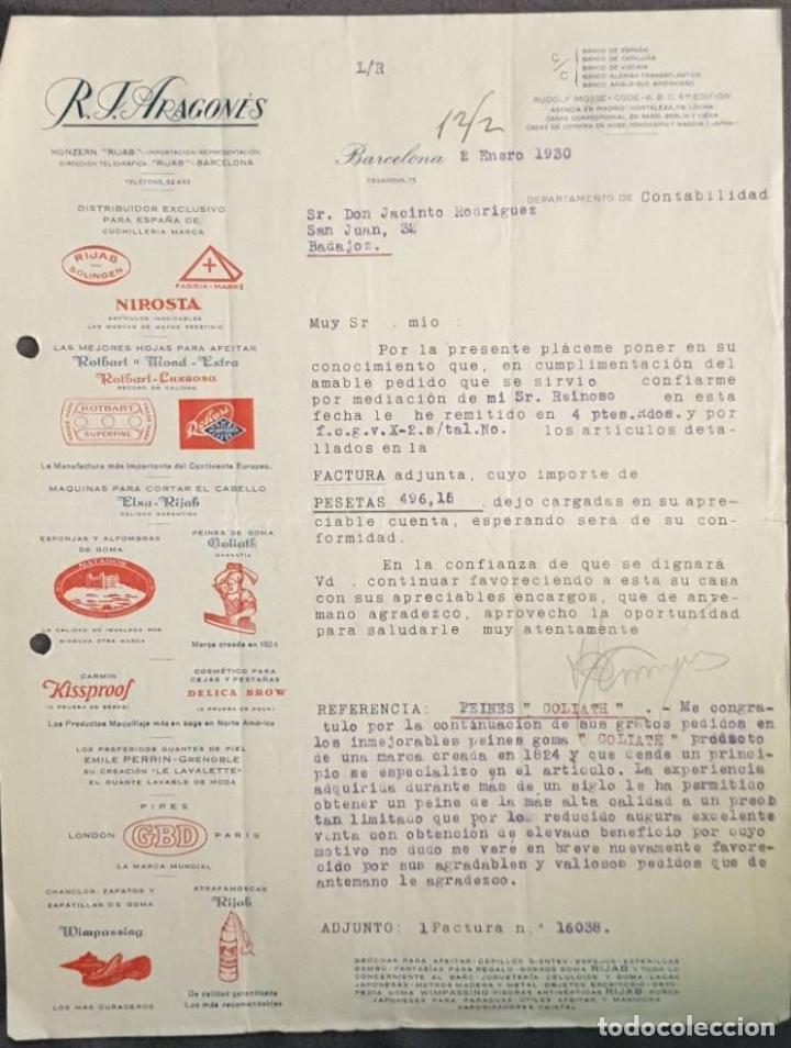 Cartas comerciales: Carta comercial. R. J. Aragon&eacute;s. Barcelona. Espa&ntilde;a 1930
