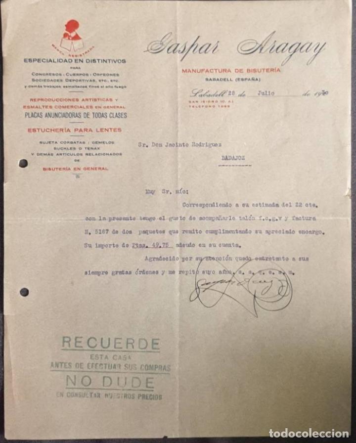 Cartas comerciales: Carta comercial. Gaspar Aragay. Manufactura de bisuter&iacute;a. Sabadell. Espa&ntilde;a 1930