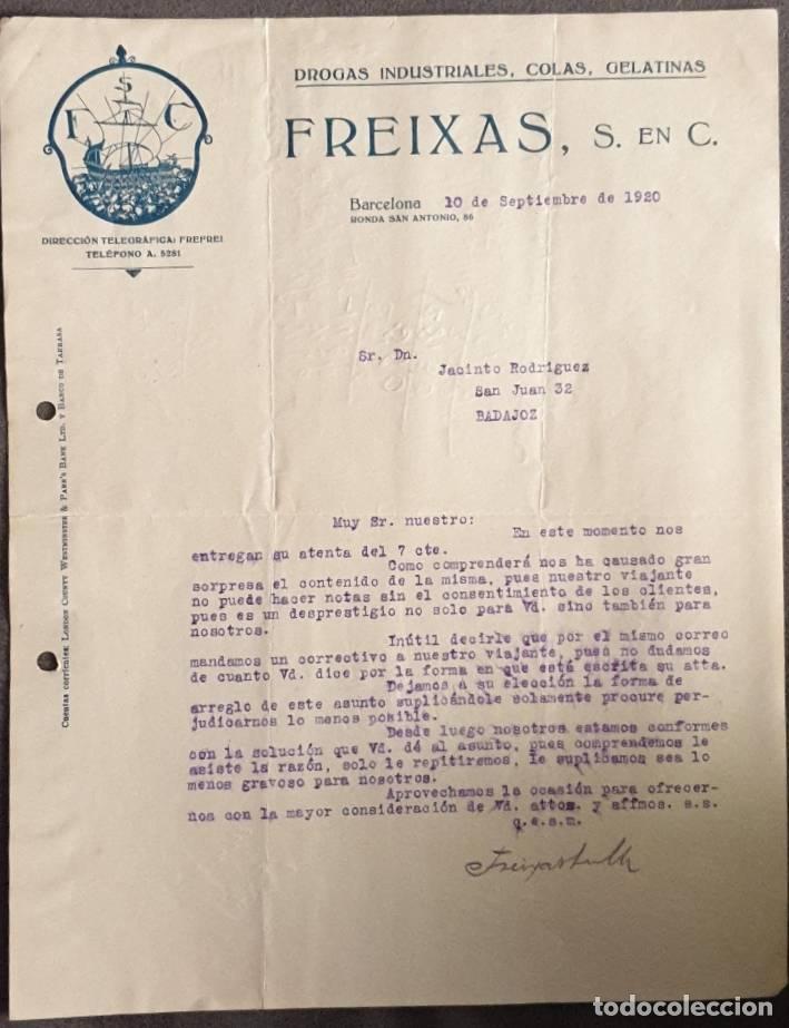 Cartas comerciales: Carta comercial. Freixas. S. en C. Drogas Industriales. Barcelona. Espa&ntilde;a 1920
