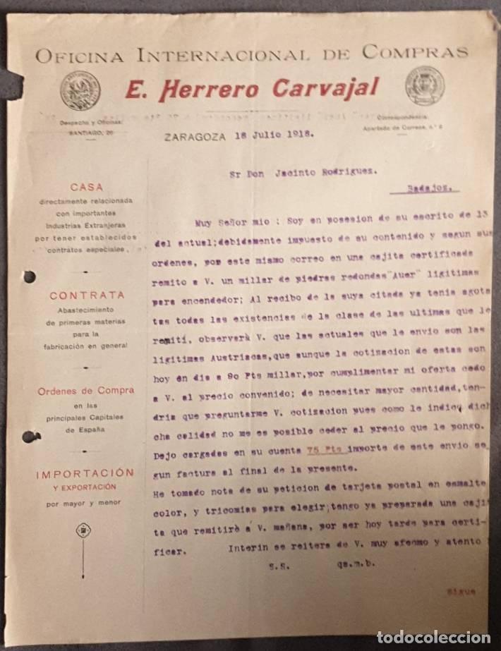 Cartas comerciales: Carta comercial. E. Herrero Carvajal. Oficina Internacional de compras. Zaragoza. Espa&ntilde;a 1918