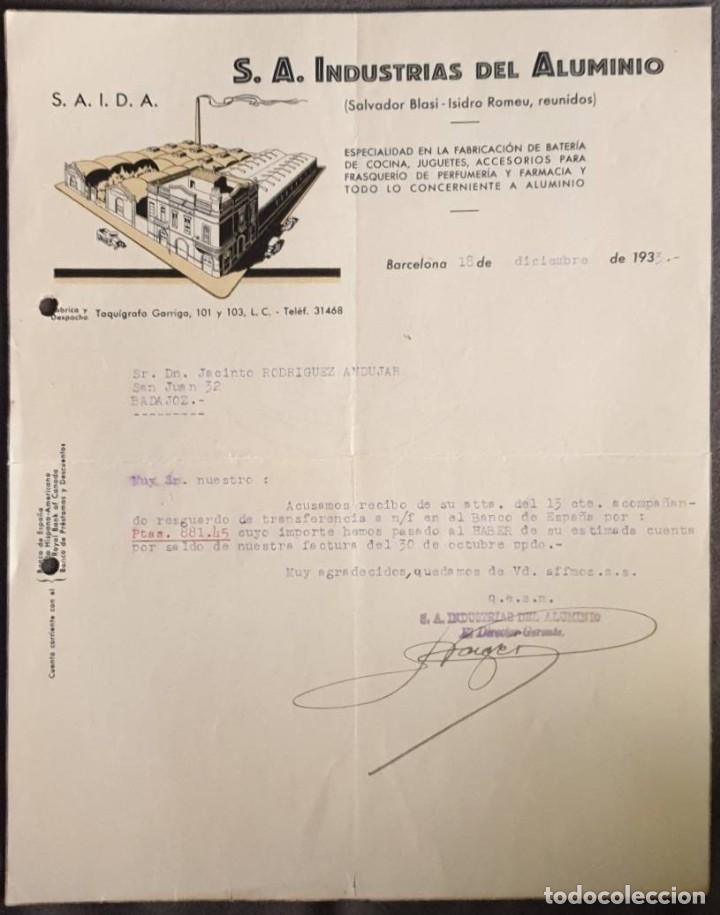 Cartas comerciales: Carta comercial. Salvador Blasi-Isidro Romeu reunidos. S.A. Industrias del Aluminio. Barcelona 1933
