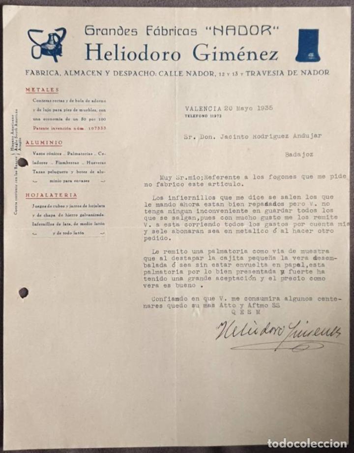 Cartas comerciales: Carta comercial. Heliodoro Gim&eacute;nez. Grandes f&aacute;bricas Nador. Valencia. Espa&ntilde;a 1935