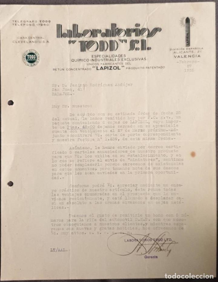 Cartas comerciales: Carta comercial. Laboratorios Todd S.L. Especialidades qu&iacute;mico-Industriales exclusivas.Valencia 1935