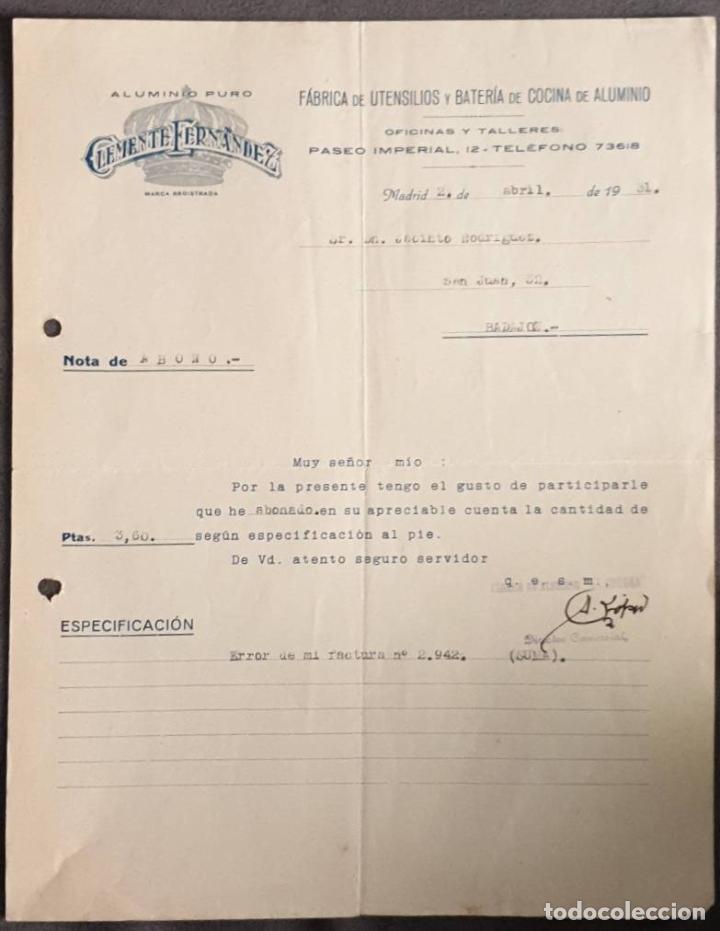 Cartas comerciales: Carta comercial. Clemente Fernandez. Aluminio puro. Madrid. Espa&ntilde;a 1931