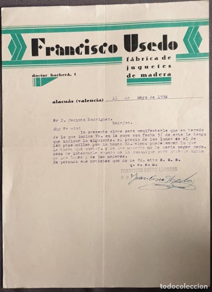 Cartas comerciales: Carta comercial. Francisco Usedo. F&aacute;brica de juguetes de madera. Valencia. Espa&ntilde;a 1936