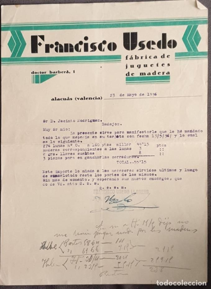 Cartas comerciales: Carta comercial. Francisco Usedo. F&aacute;brica de juguetes de madera. Valencia. Espa&ntilde;a 1936