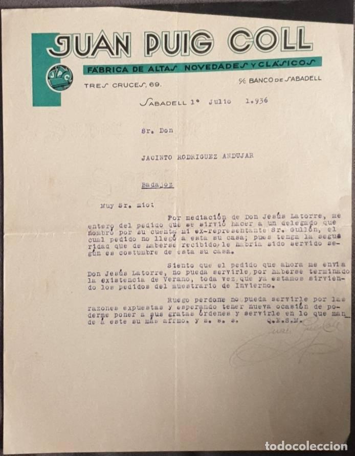 Cartas comerciales: Carta comercial. Juan Puig Coll. F&aacute;brica de altas novedades y cl&aacute;sicos. Sabadell. Espa&ntilde;a 1936