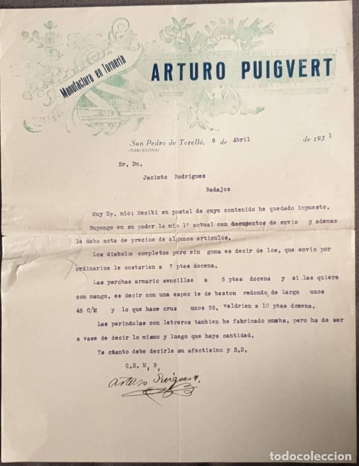 Cartas comerciales: Carta comercial. Arturo Puigvert. Manufactura en Torner&iacute;a. Barcelona. Espa&ntilde;a 1931