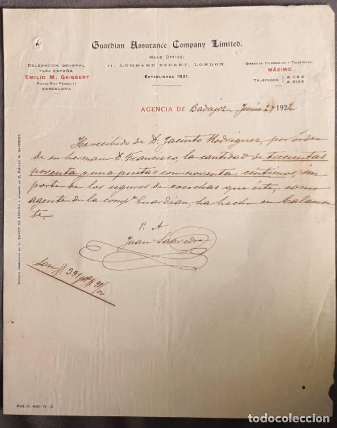 Cartas comerciales: Carta comercial. Guardian Assurance Company Limited. London. Agencia de Badajoz. Espa&ntilde;a 1924