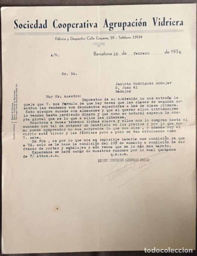 Cartas comerciales: Carta comercial. Sociedad Cooperativa Agrupaci&oacute;n Vidriera. Barcelona. Espa&ntilde;a 1936