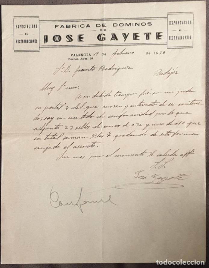 Cartas comerciales: Carta comercial. Jos&eacute; Gayete. F&aacute;brica de domin&oacute;s. Valencia. Espa&ntilde;a 1936