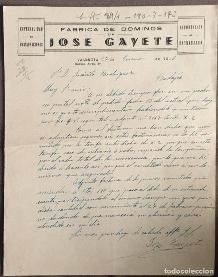 Cartas comerciales: Carta comercial. Jos&eacute; Gayete. F&aacute;brica de domin&oacute;s. Valencia. Espa&ntilde;a 1936