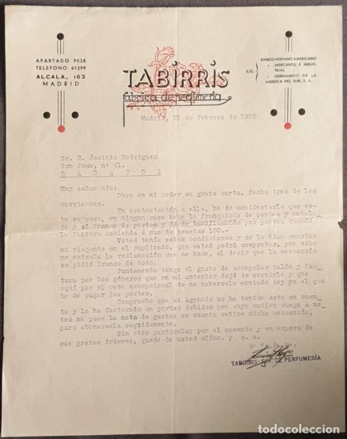Cartas comerciales: Carta comercial. Tabirris. F&aacute;brica de perfumer&iacute;a. Madrid. Espa&ntilde;a 1935