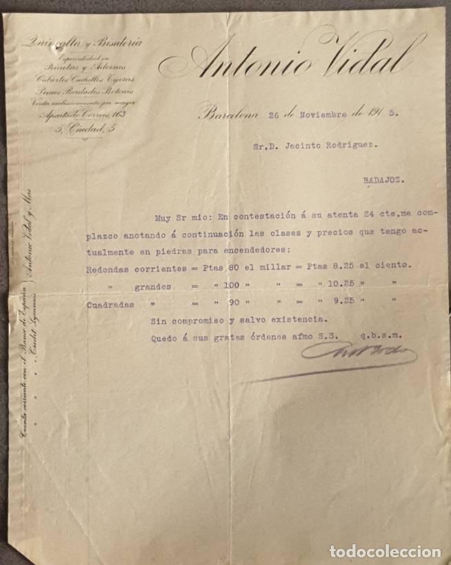 Lettere commerciali: Carta comercial. Antonio Vidal. Quincalla y Bisuter&iacute;a. Barcelona. Espa&ntilde;a 1915