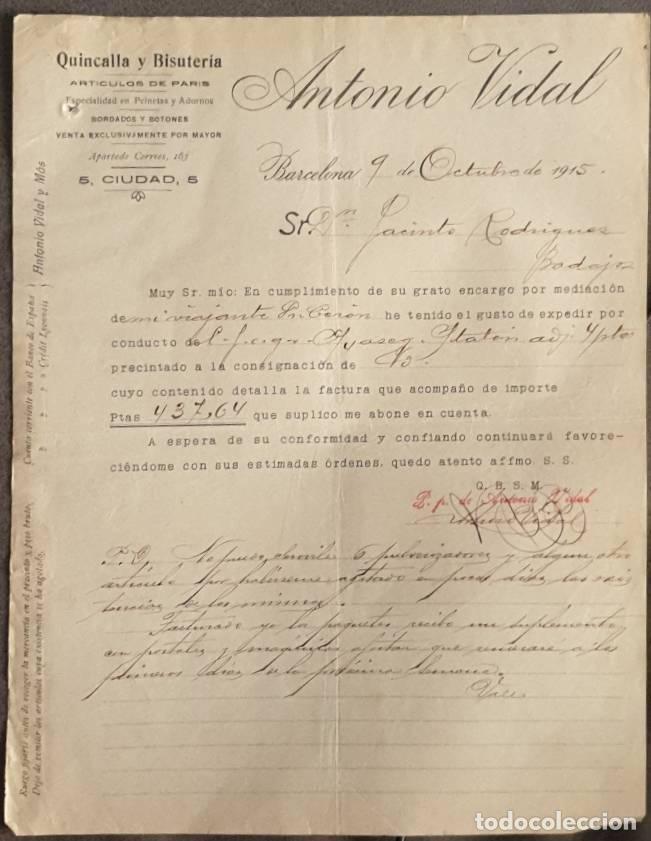 Gesch&auml;ftsbriefe: Carta comercial. Antonio Vidal. Quincalla y Bisuter&iacute;a. Barcelona. Espa&ntilde;a 1915