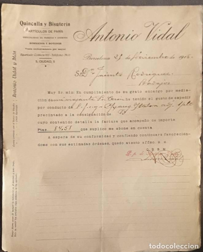 Gesch&auml;ftsbriefe: Carta comercial. Antonio Vidal. Quincalla y Bisuter&iacute;a. Barcelona. Espa&ntilde;a 1916