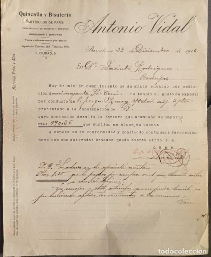 Gesch&auml;ftsbriefe: Carta comercial. Antonio Vidal. Quincalla y Bisuter&iacute;a. Barcelona. Espa&ntilde;a 1916
