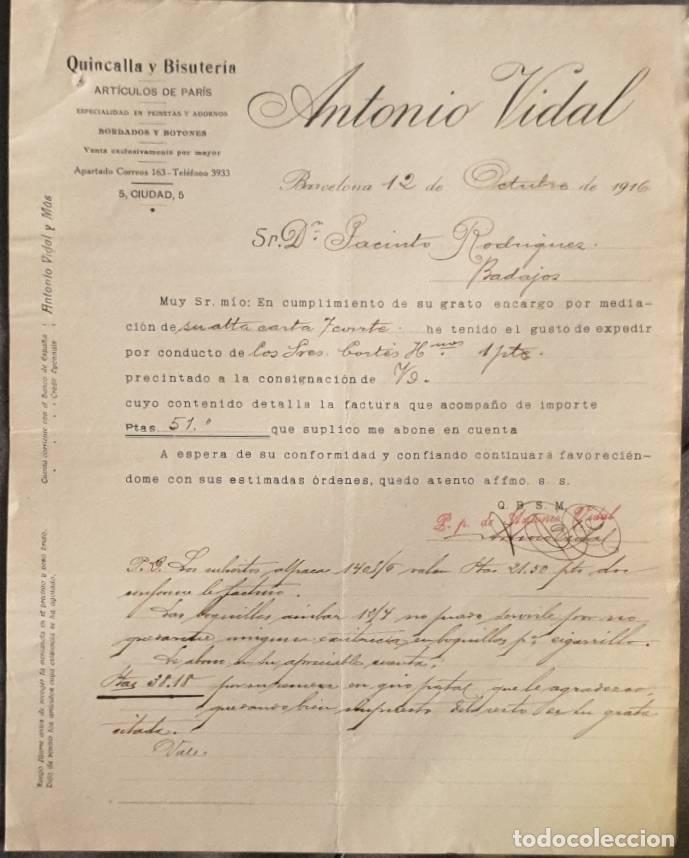 Gesch&auml;ftsbriefe: Carta comercial. Antonio Vidal. Quincalla y Bisuter&iacute;a. Barcelona. Espa&ntilde;a 1916