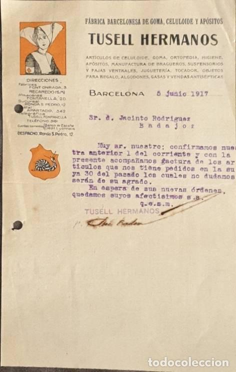Gesch&auml;ftsbriefe: Carta comercial. Tusell Hermanos. F&aacute;brica Barcelonesa de goma. Barcelona. Espa&ntilde;a 1917
