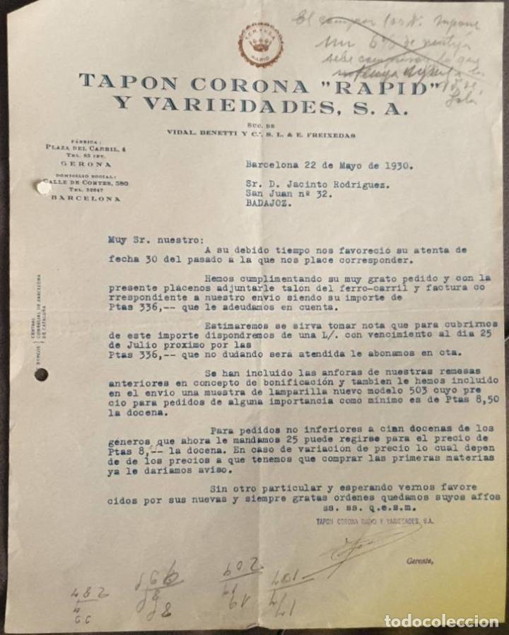 Gesch&auml;ftsbriefe: Carta comercial. Tap&oacute;n Corona &rdquo;Rapid&rdquo; y Variedades S.A. Barcelona. Espa&ntilde;a 1930