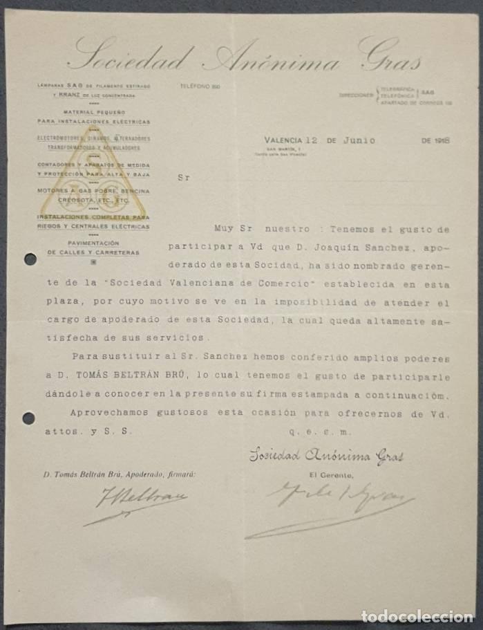 Gesch&auml;ftsbriefe: Carta comercial. Sociedad An&oacute;nima Gras. Valencia. Espa&ntilde;a 1918