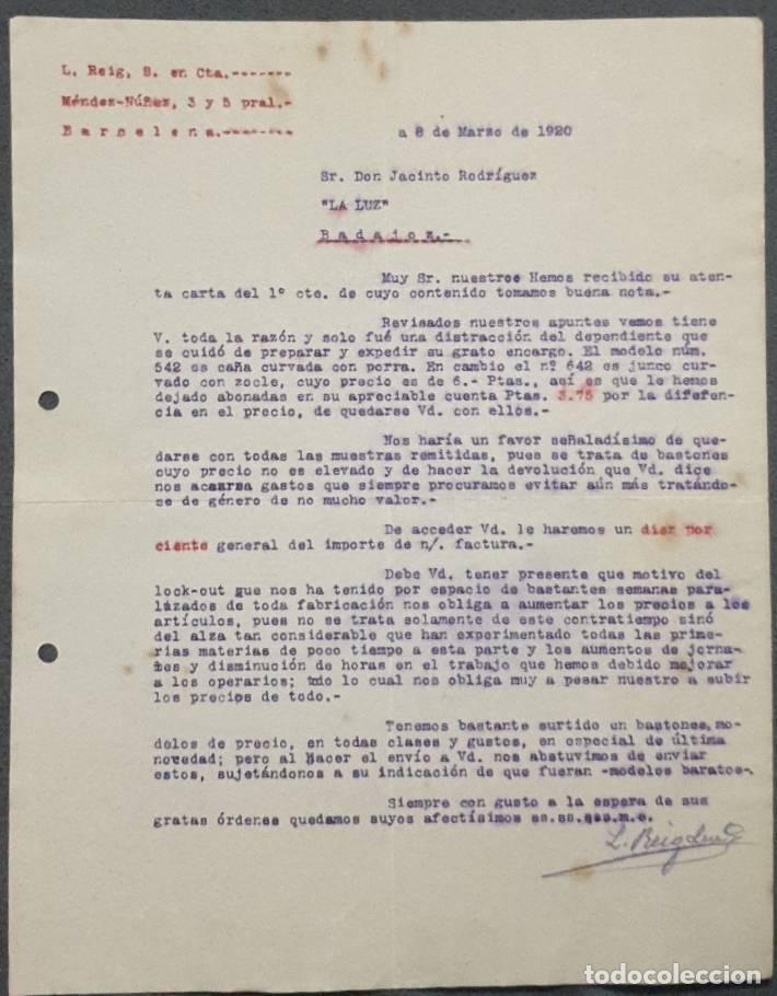 Gesch&auml;ftsbriefe: Carta comercial. L. Reig S. en C. F&aacute;brica de bastones, paraguas y sombrillas. Barcelona. Espa&ntilde;a 1920