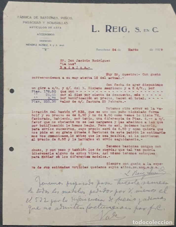 Gesch&auml;ftsbriefe: Carta comercial. L. Reig S. en C. F&aacute;brica de bastones, paraguas y sombrillas. Barcelona. Espa&ntilde;a 1920