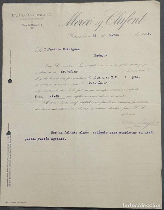 Gesch&auml;ftsbriefe: Carta comercial. Merc&eacute; y Clufent. Bisuter&iacute;a y Quincalla. Barcelona. Espa&ntilde;a 1920