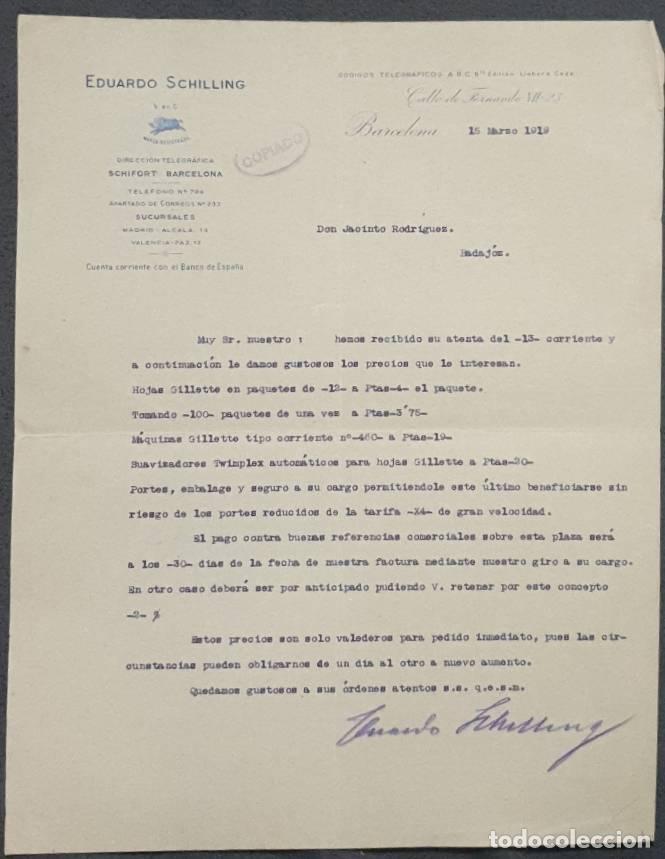 Gesch&auml;ftsbriefe: Carta comercial. Eduardo Schilling S. en C. Barcelona. Espa&ntilde;a 1919