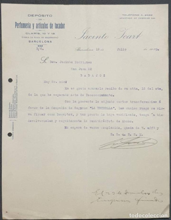Gesch&auml;ftsbriefe: Carta comercial. Jacinto Icart. Dep&oacute;sito de perfumer&iacute;a y art&iacute;culos de tocador. Barcelona.Espa&ntilde;a 1920