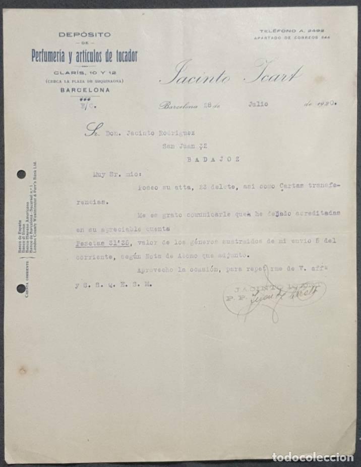Gesch&auml;ftsbriefe: Carta comercial. Jacinto Icart. Dep&oacute;sito de perfumer&iacute;a y art&iacute;culos de tocador. Barcelona.Espa&ntilde;a 1920